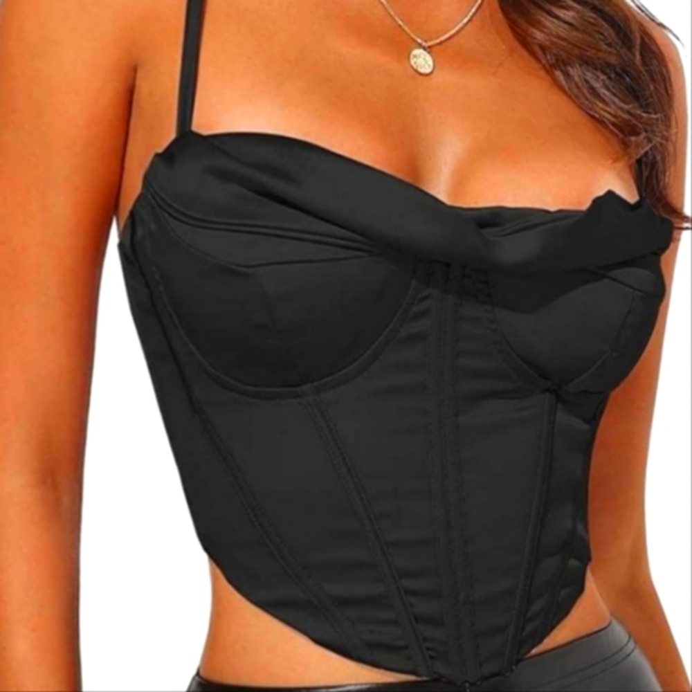 Women’s satin cowl neck spaghetti strap bustier corset crop top - Picture 1 of 5